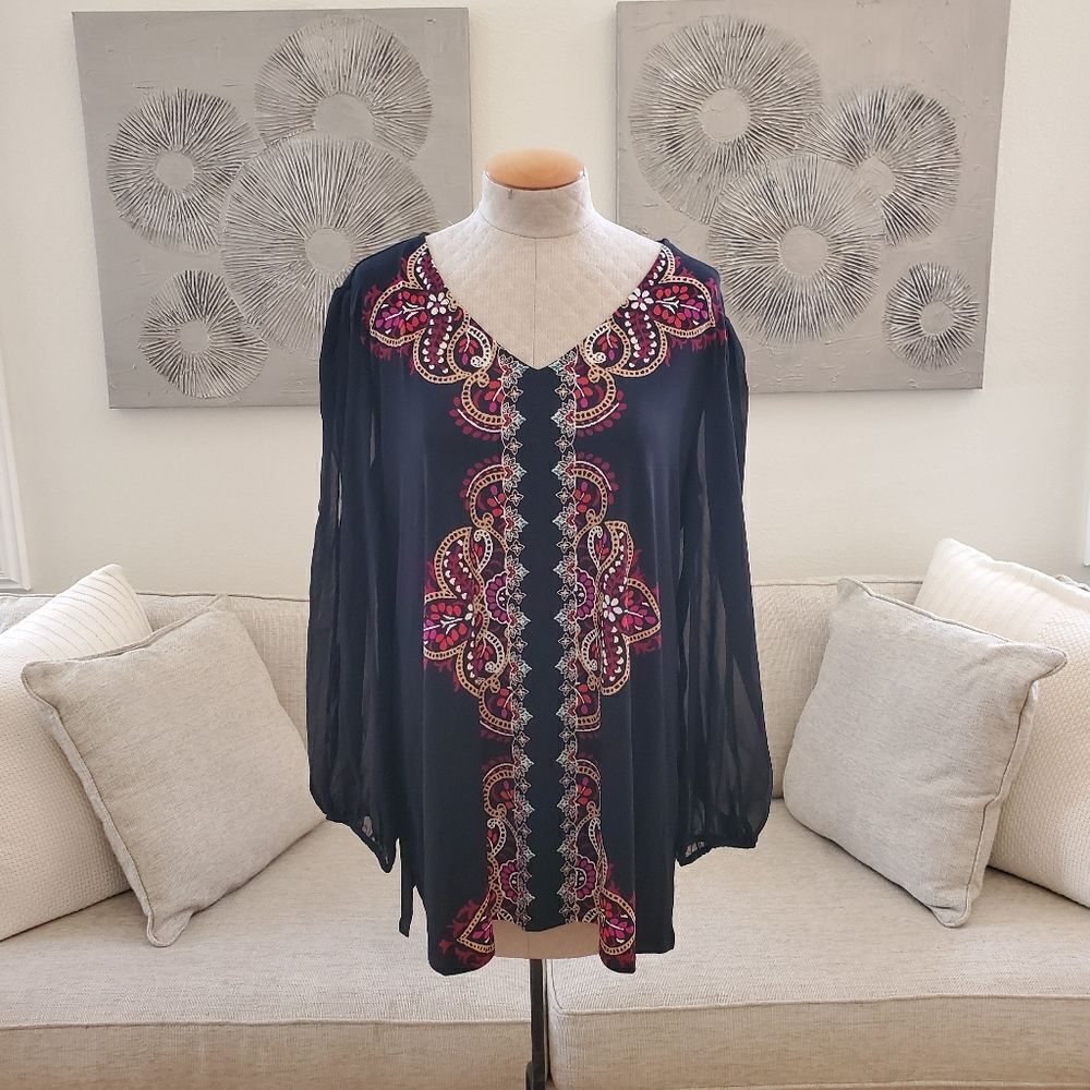 JM Collection Printed Slit-Sleeve Blouse sz 2x